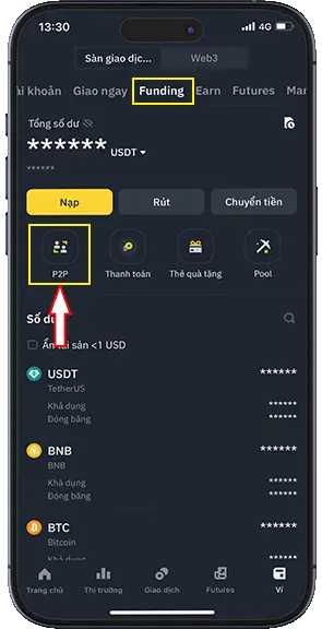 Bước 4: Chọn vào ví Funding và chọn P2P
